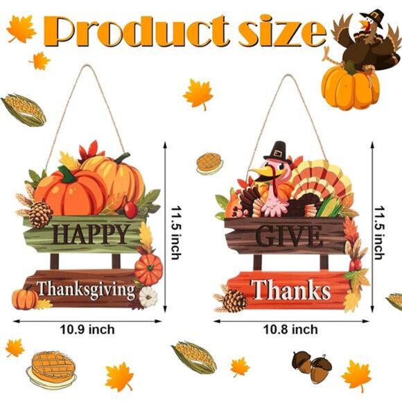 2 Pieces Give Thanks Wood Sign and Happy Thanksgiving Door Sign - Pumpkin Front - Picture 3 of 8